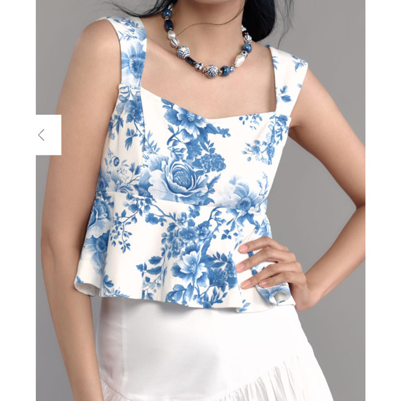 L Maeve Anthropologie Blue Floral Square Neck Peplum Crop Top NWT - Picture 1 of 6